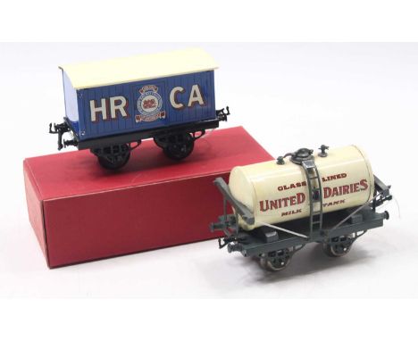Two goods wagons: 1929-30 (probably), Hornby United Dairies milk tank repainted open axleguard base grey-blue, white tank, pl