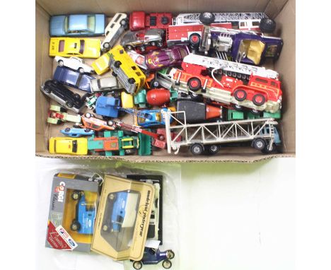 A Tray containing loose and playworn diecast to include Matchbox 1912 Ford Model T, Tomica Aerial Ladder Fire Truck etc