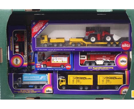 One tray containing 6 boxed Siku Emergency Service and commercial interest diecast vehicles to include No. 4113 Low Loader wi