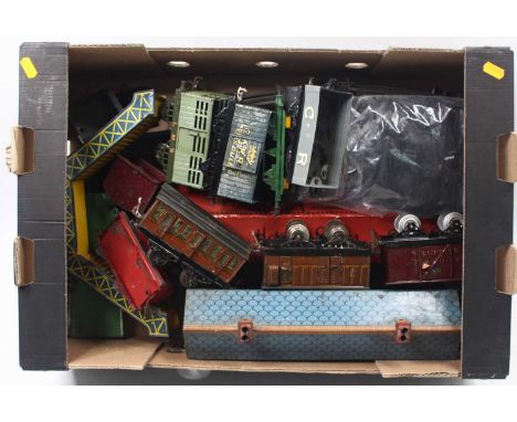 Two large trays containing mainly Hornby 0-gauge items: M3 GW No.6600, 0-4-0 loco, clockwork, missing rods, without cylinders