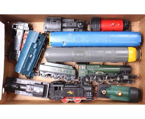 A collection of eight 00 gauge Triang locos, and one trailing HST car, in InterCity livery, an 0-6-0 Jinty loco in BR black, 