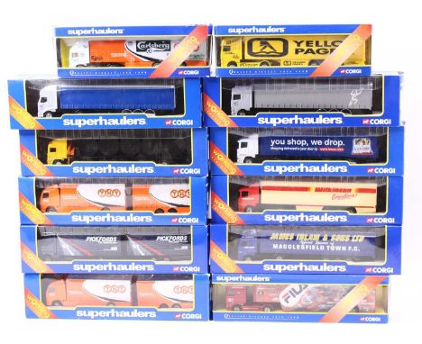 A Corgi mostly Superhaulers 1/64 scale group of 12 boxed modern issue diecast to include No. TY87009 DAF 95 race transporter 