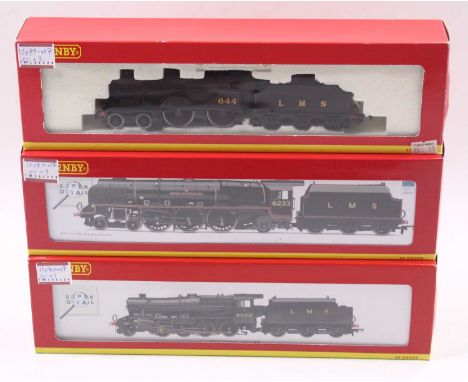 Three Hornby 00 gauge locos to include an 8F in LMS unlined black, no.8042, factory weathered, a Duchess in LMS lined black, 