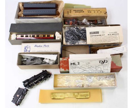 A 00 gauge converted Triang Hornby standard 5 loco, in BR lined black, early emblem, with a kit-built coach, in need of some 