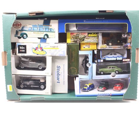 One tray containing various mixed diecast and white metal miniatures to include a Solido No. 224 Police Commando vehicle, a L