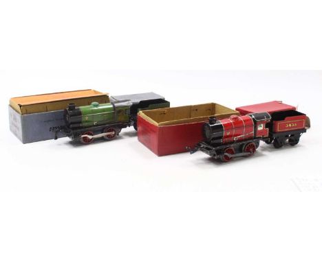 Two Hornby 0 gauge M1 locos to include a boxed 1929-32 green loco, 2930, with tin chimney, and a red loco with tin chimney, b