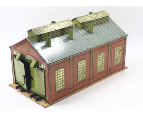 Two clockwork No.2 Engine sheds: 1928/33 yellow cream base, yellow ridge tiles, missing two roof vents. Silvering (E) a few d