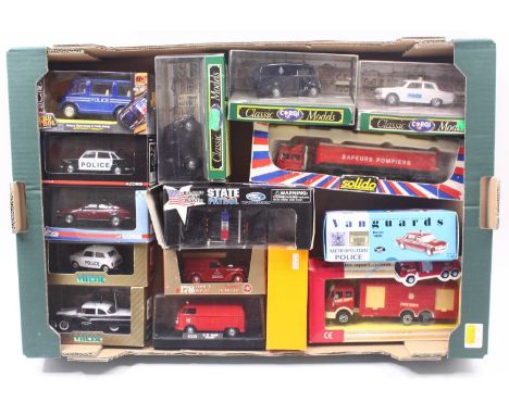 One tray of Emergency Service related diecast vehicles and miniatures to include Vanguards, Corgi, Vitesse, Solido and others
