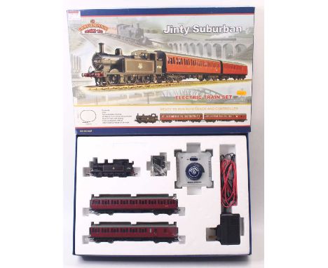 Bachmann 00 gauge Jinty suburban set, comprising a Jinty 0-6-0 loco in BR lined black, early emblem, two suburban coaches, a 