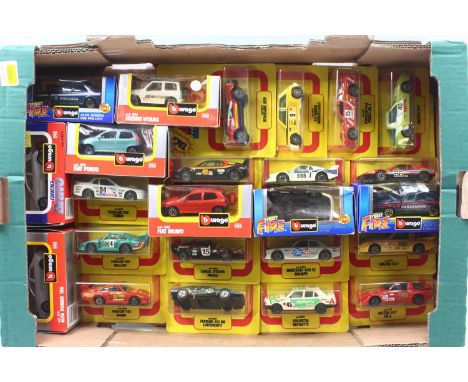 One tray containing a quantity of Burago 1/43 scale carded and boxed diecast miniatures to include a No. 4866 Pirelli Lancia 