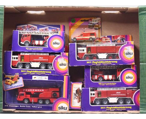 Eight various boxed and carded Siku emergency service diecast miniatures to include No. 2819 Fire Engine, No. 3411 Airport fi