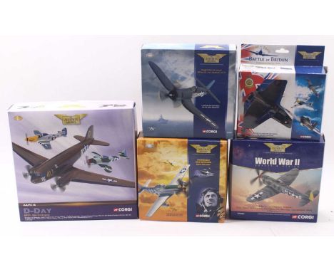 Five Corgi Aviation archive 1:76 scale and 1:144 scale aircraft to include a Spitfire MK1, a D-day 60th anniversary set, comp