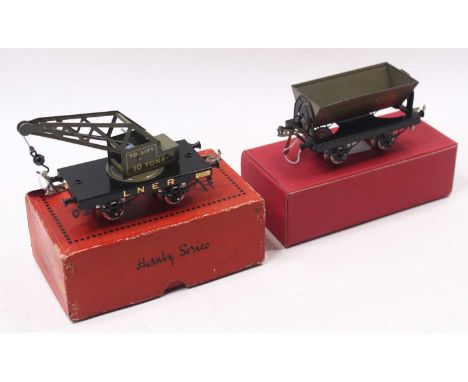 Two open axleguard Hornby wagons, both with plated couplings &amp; wheels: 1924-6 No.1 Crane Truck LNER black base, grey stre