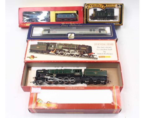 Five 00 gauge locos to include a Mainline 03 diesel in BR green, a Lima class 92, in Railfreight distribution two-tone grey, 