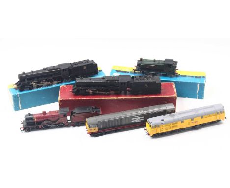 Six 00 gauge locos to include two Graham Farish Black 5 locos, one in original box, BR unlined late crest, a Graham Farish pa