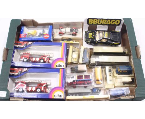 A quantity of mixed diecast to include Siku, EFSI, Burago and similar, specific examples to include a Siku No.2819 fire engin