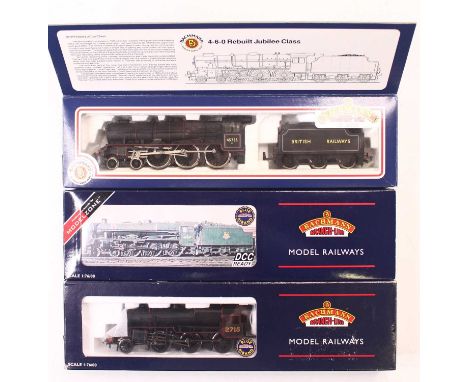 Three Bachmann 00 gauge locos to include a Rebuilt Jubilee class in BR lined black, no. 45735, "Comey", a BR green Jubliee 45