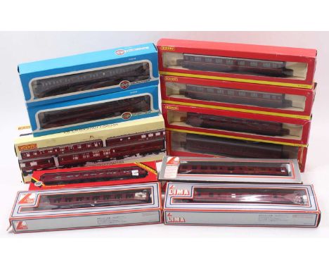 One tray containing 00 gauge Midland Region maroon coaches by various manufacturers to include a Caledonian coach triple pack