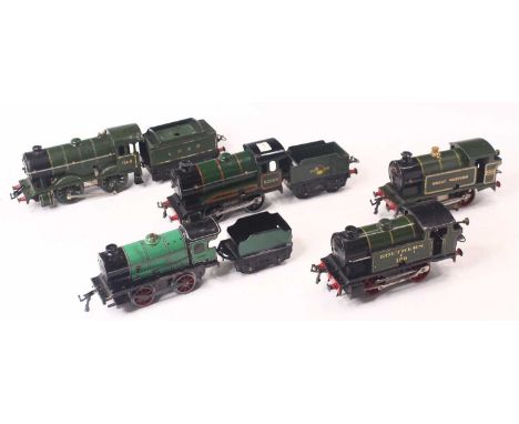 Five Hornby 0 gauge locos to include a 1931-35 GWR no.1 tank loco, no.4560, a Southern no.1 loco, no.126, an LNER no.1 tender