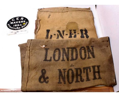 One box of northeastern railwayana to include 2 LNER hessian sacks, in good condition, one measuring 53 inches, the other 37 