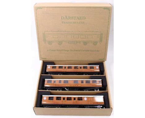 Set of three Darstaed bogie coaches, LNER Thompson set B, teak, white roofs, with internal lighting but no red rear lamp. Com