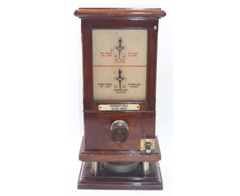 Bell code machine for Denbigh Hall signal box, housed in the original wooden case, with two needles, for up line and down lin