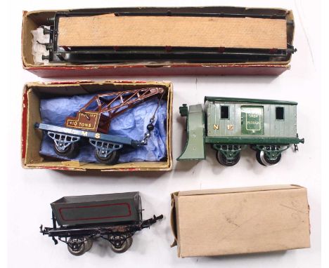 Four Hornby goods wagons &amp; snowplough: 1923-4 Tipping wagon, black open axleguard base with white ‘Tipping Wagon’ on one 