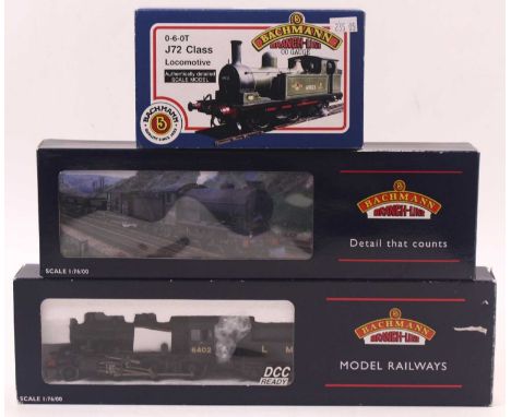 Three Bachmann 00 gauge locos to include a J72 in BR lined apple green, late crest, no.69023, an Ivatt class 2, in LMS unline