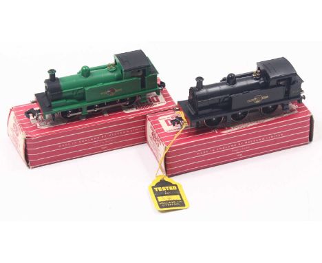 Two Hornby-Dublo 2-rail 0-6-0 locos, all steps present, bright buffers, with guarantee, both (M): 2207, green, thick plastic 
