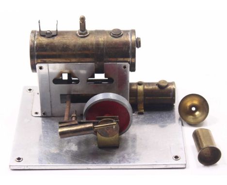 Single oscillating cylinder stationary steam engine, comprising, a separate burner, horizontal brass boiler, single oscillati