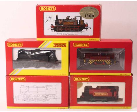 A collection of five 0-4-0 and 0-6-0 Hornby 00 gauge locos, including a Hornby 0-4-0 generic tank, with green wheels, a 0-4-0