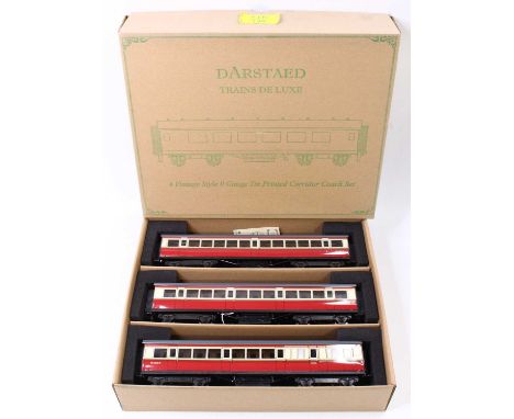 Set of three Darstaed bogie coaches, BR1 (Ex LMS Period 1) set A, maroon &amp; cream, grey roofs, with internal lighting &amp