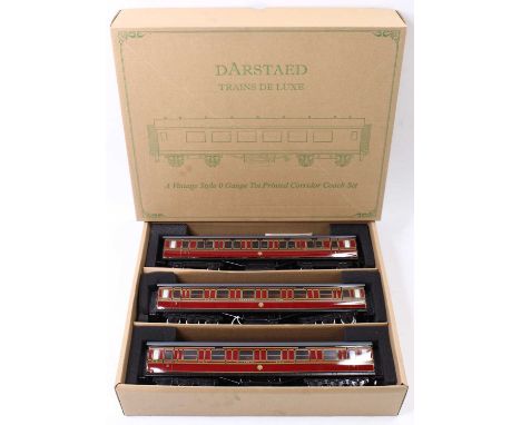 Set of three Darstaed bogie coaches, LMS red lined yellow &amp; black. LMS period 1 set C. Grey roofs. With internal lighting