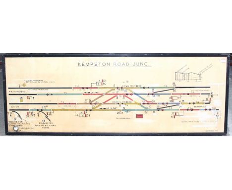 A large original signal box mimic panel with lights, for Kempston Road Junction, with four main lines, a gradient diagram, an