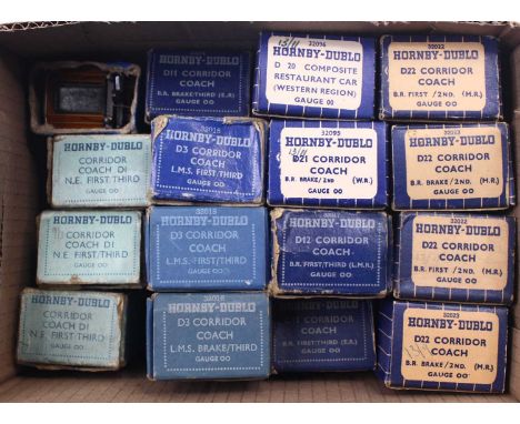 Sixteen Hornby-Dublo tinplate coaches, nearly all metal wheels (3-rail): D1 NE teak 1st/3rd (E); another (VG-E); another (E);