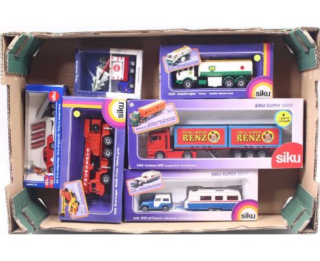 One tray containing 6 boxed Siku commercial interest diecast miniatures to include No. 3424 Renz Circus container truck, a Si