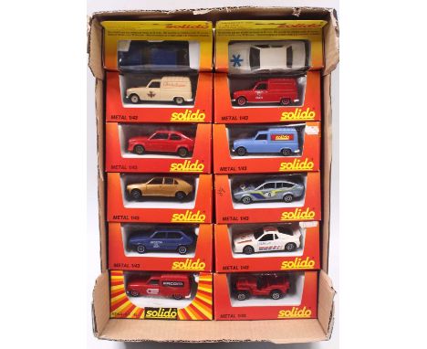 One tray containing 12 boxed Solido 1/43 scale diecast vehicles to include a No. 1310 Alfa Sud, No. 1312 Peugeot 405 Support 