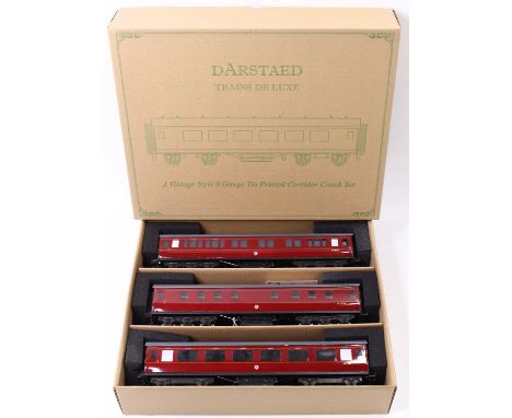 Set of three Darstaed bogie coaches (BRII ex LMS period II set C), lined maroon, grey roofs, with internal lighting. Comprisi