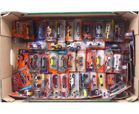 One tray containing 50+ various Matchbox blister packed diecast vehicles to include Lamborghini Galardo police car, a Quick S