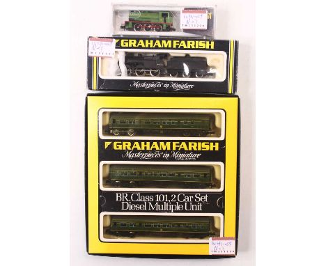 Three Graham Farish N gauge locos to include a J94 0-6-0ST in lined green, "Robert", no.7, a 4F in BR unlined black, late cre
