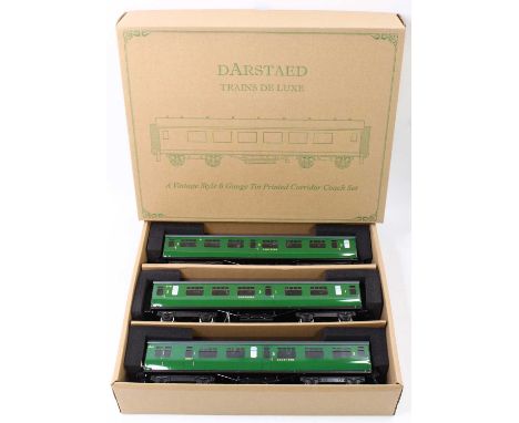 Set of three Darstaed bogie coaches, SR Bulleid set A, unlined green, grey roofs, with internal lighting. Comprising 1st/3rd 