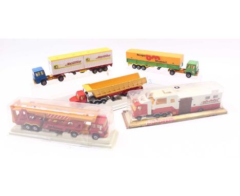 Five various bubble packed Majorette 3000 Series car transporters, and commercial vehicles to include Bourgey BM covered trac