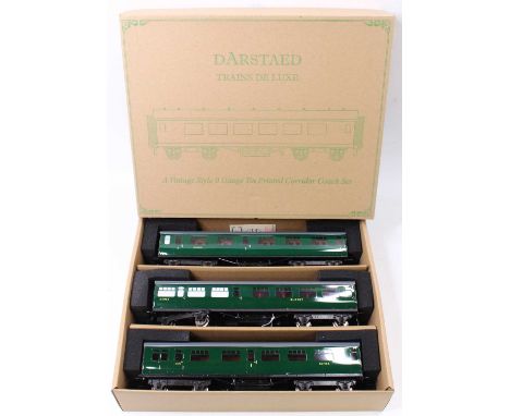 Set of three Darstaed bogie coaches, Bullieid set A, unlined green, grey roofs, with internal lighting. Comprising all 1st S5