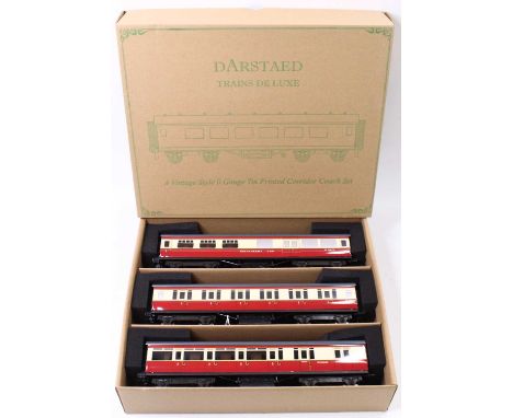 Set of three Darstaed bogie coaches, BR (exGWR) set B, maroon &amp; cream, grey roofs, with internal lighting but no red rear