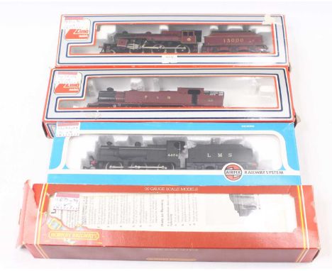 Four 00 gauge locos to include an Airfix 4F in LMS unlined black livery, a Lima Furness Railway repainted 4-6-4 in maroon lin