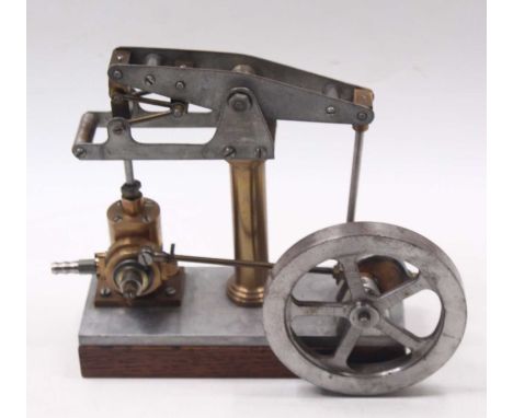 Scratch-built stationary mill beam engine, mounted on a wooden plinth, comprising a 4.5-inch flywheel, a 5.5-inch beam, a bra
