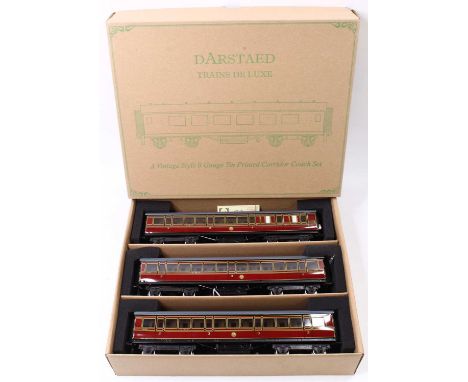 Set of three Darstaed bogie coaches, (BR II Ex LMS Period II set C) LMS red lined yellow &amp; black, grey roofs, with intern