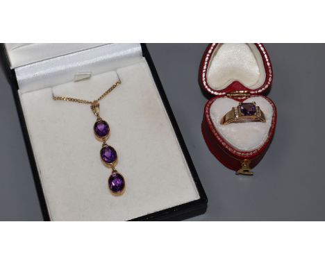 A 9ct gold amethyst pendant necklace and a 9ct gold, amethyst and diamond ring.