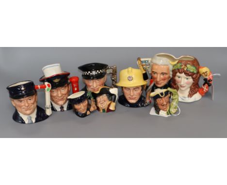 Eight Royal Doulton small and miniature character jugs, comprising Postman, D6801, Policeman, D6852, Fireman, D6839, Engine D