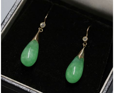 A pair of yellow metal mounted, jade and diamond drop earrings, 23mm.